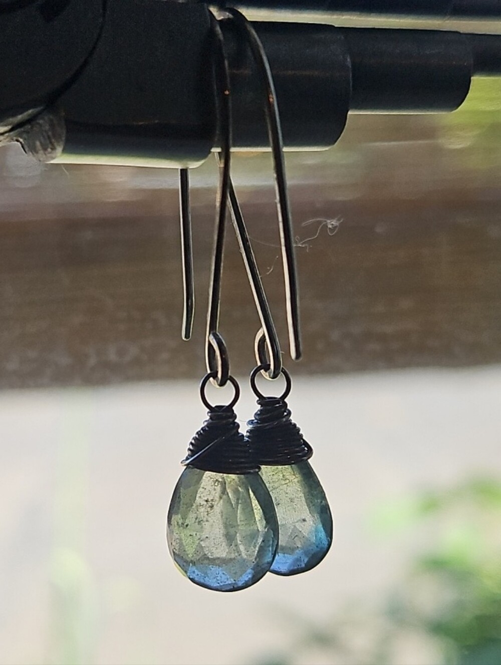 Delicate Blue-Green Teardrop Wire-Wrap Earrings